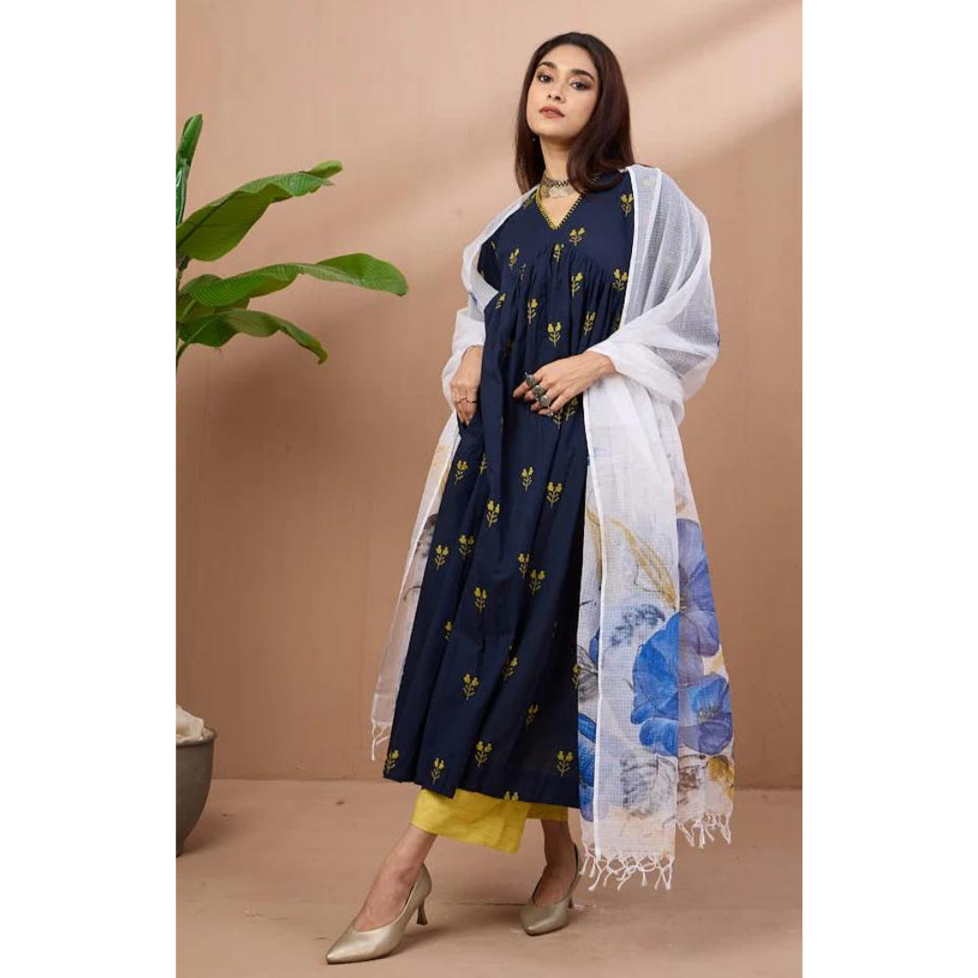 V-Neck Gather Anarkali - Azure Blooms