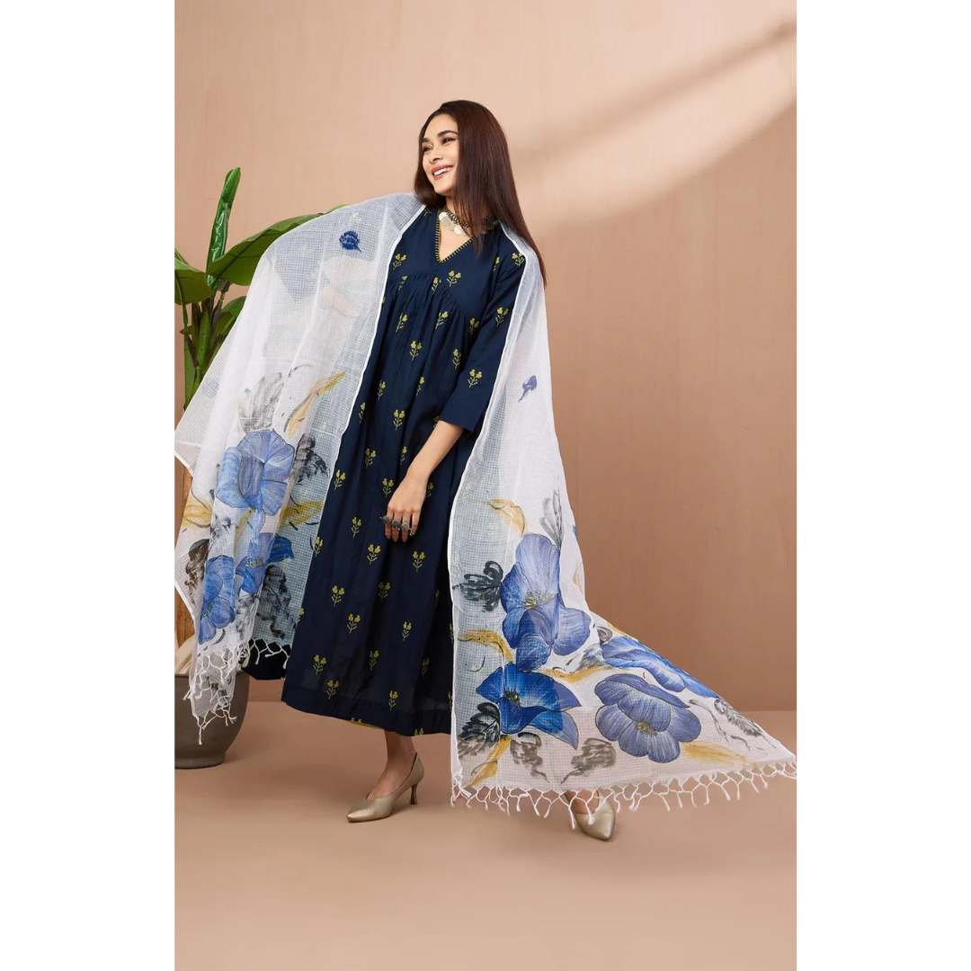 V-Neck Gather Anarkali - Azure Blooms