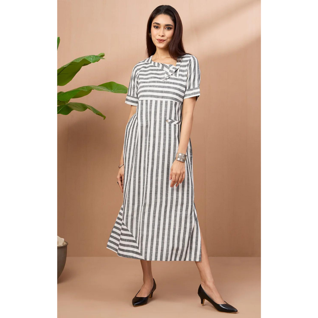 Long Slit Dress - Silver Grey Stripes