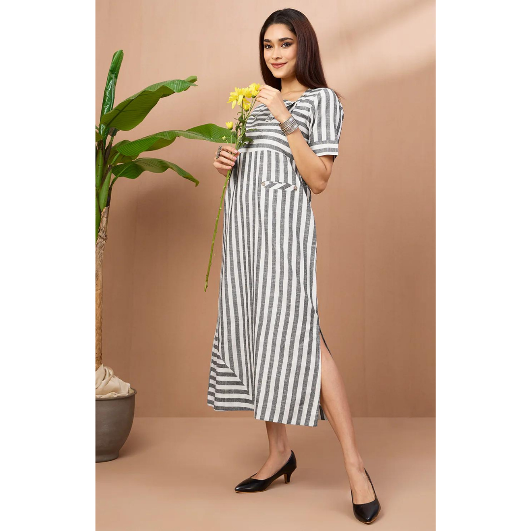 Long Slit Dress - Silver Grey Stripes