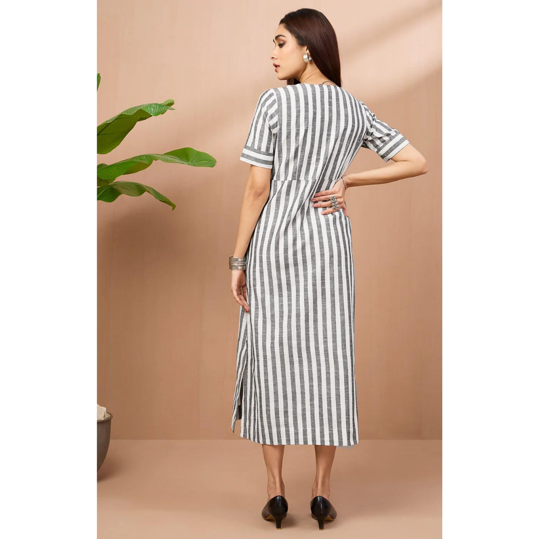 Long Slit Dress - Silver Grey Stripes