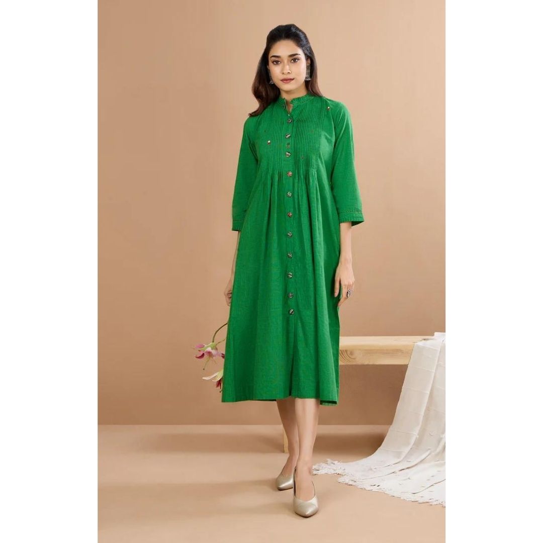 Mystic Green & Parijat Long Sleeveless Dress