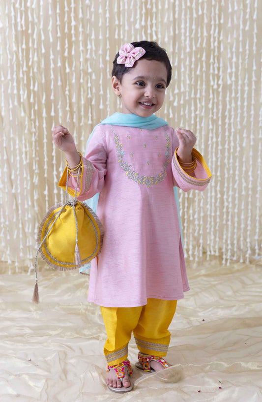 Nargis Silk Suit Set for Girls - Pink