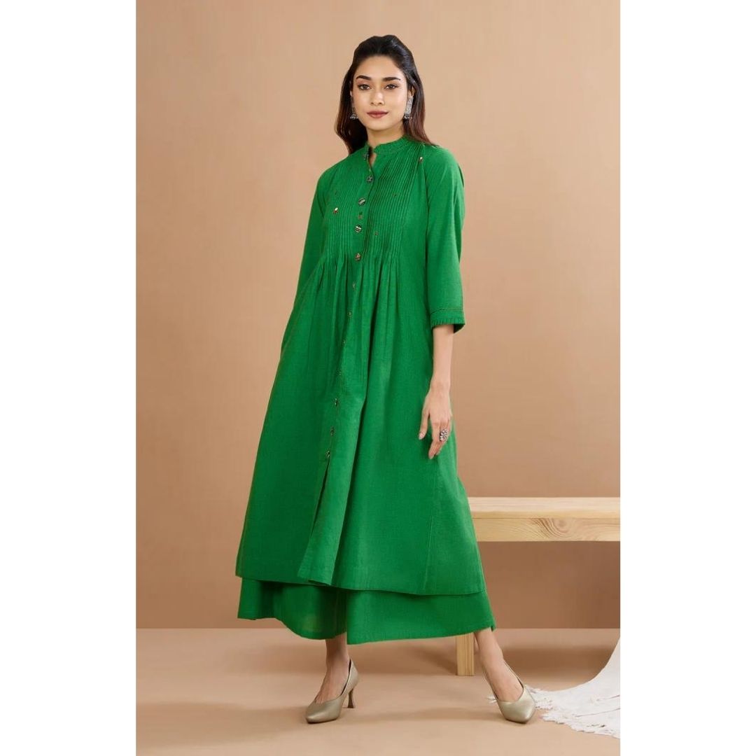 Mystic Green & Parijat Long Sleeveless Dress