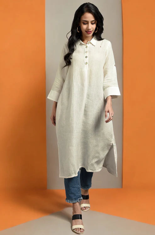 Ivory Radiance Linen Long Shirt Dress