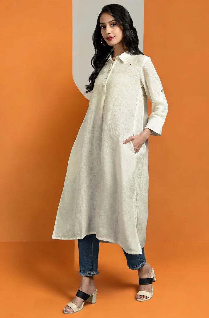 Ivory Radiance Linen Long Shirt Dress