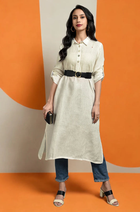 Ivory Radiance Linen Long Shirt Dress