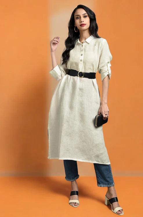 Ivory Radiance Linen Long Shirt Dress