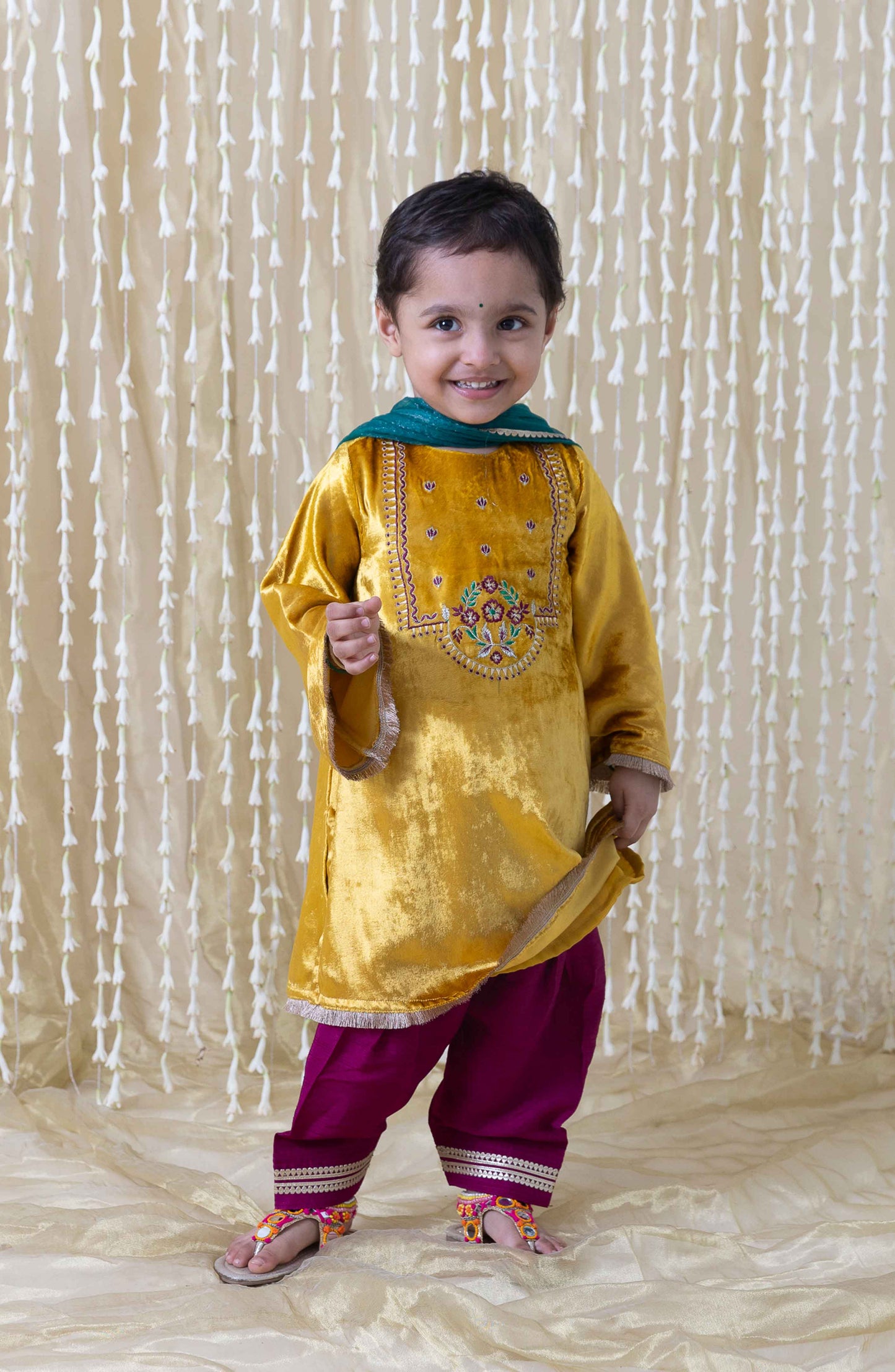 Noor Velvet Suit for Girls - Yellow