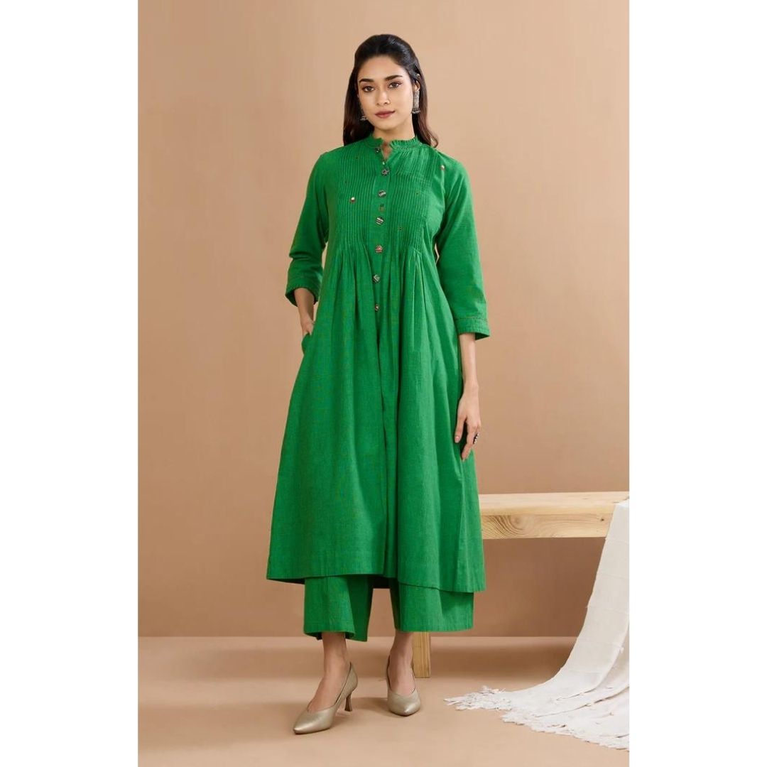 Mystic Green & Parijat Long Sleeveless Dress