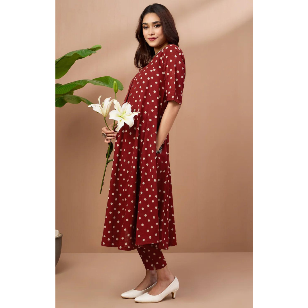 Co-Ord Set Box Pleated V-Neck Kurta - Garnet Polka