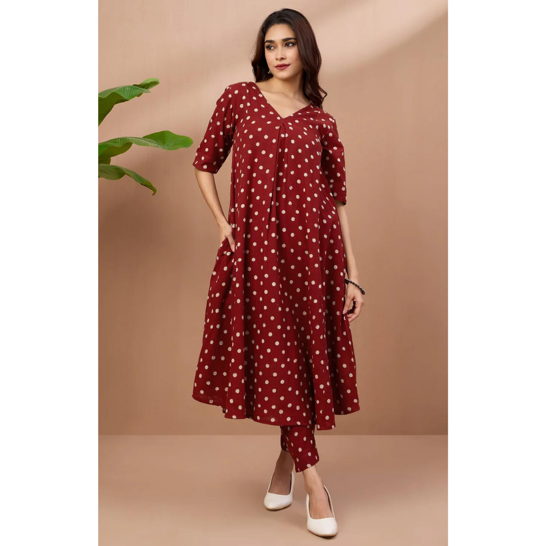 Co-Ord Set Box Pleated V-Neck Kurta - Garnet Polka