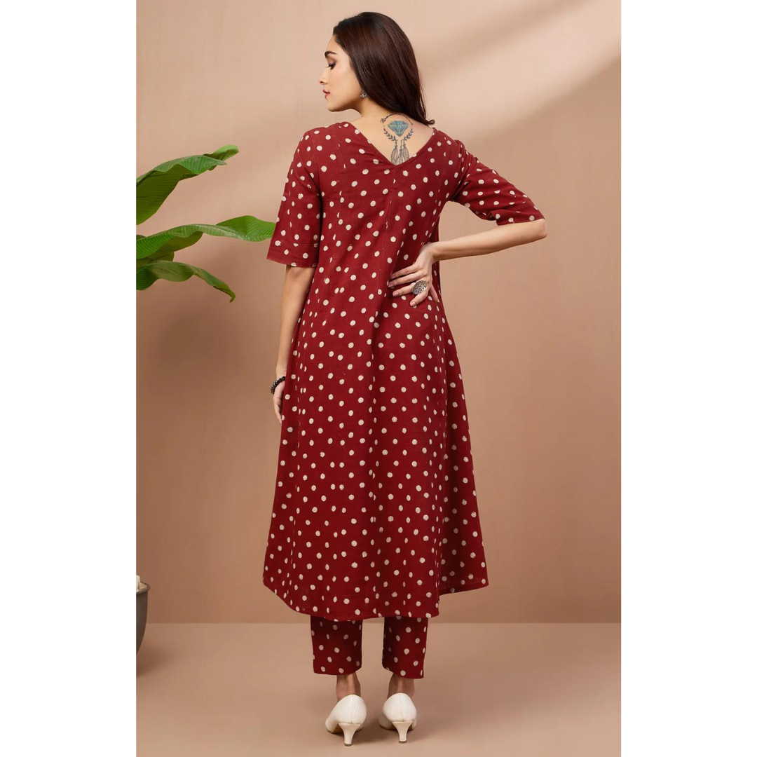 Co-Ord Set Box Pleated V-Neck Kurta - Garnet Polka