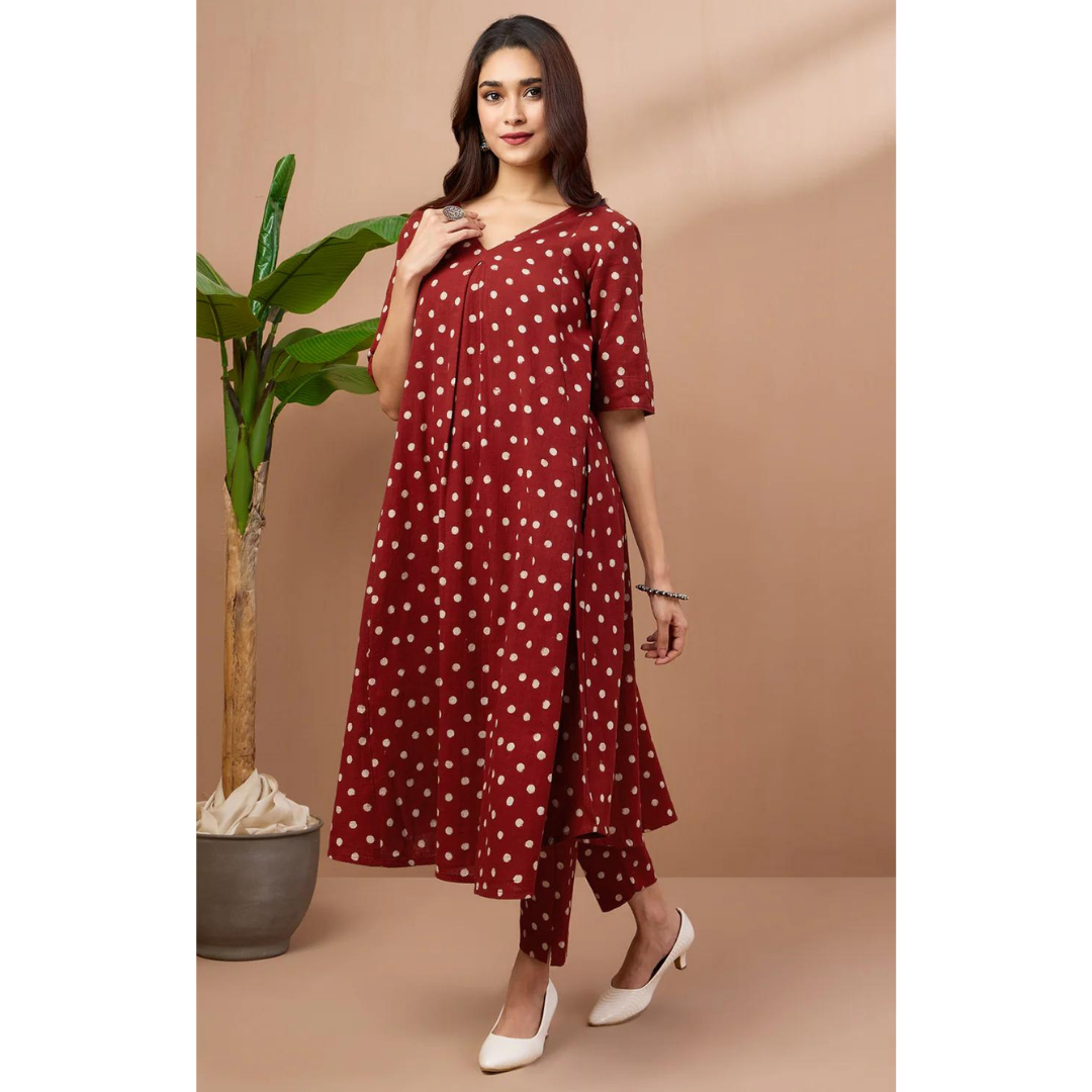 Co-Ord Set Box Pleated V-Neck Kurta - Garnet Polka