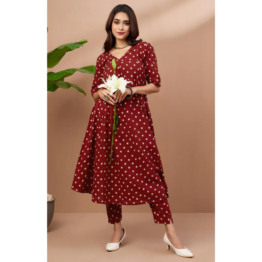 Co-Ord Set Box Pleated V-Neck Kurta - Garnet Polka