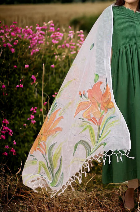 Hand Painted Kota Dupatta - Orange Kena & Leaves