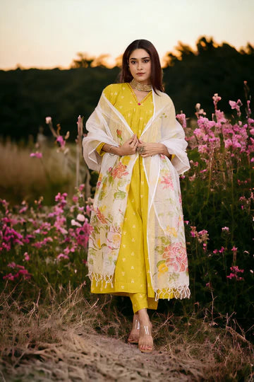 Hand Painted Kota Dupatta - Pink Roses & Leaves