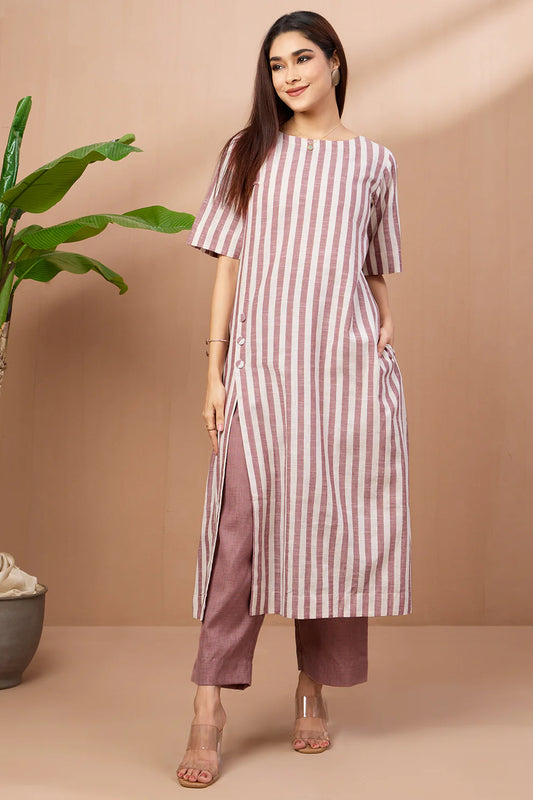 Co-Ord Set- Side Button Adjustable Slit Kurta - Mauve Whisper Stripes