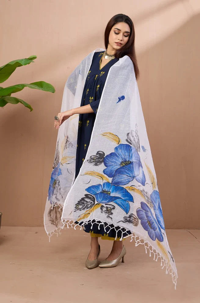 Hand Painted Kota Dupatta - Indigo Bluebells & Leaves