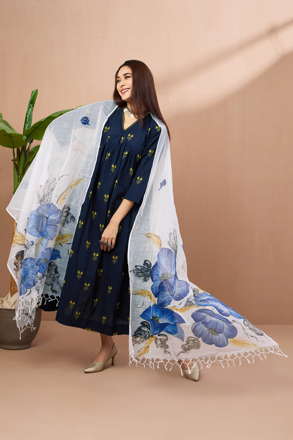 Hand Painted Kota Dupatta - Indigo Bluebells & Leaves