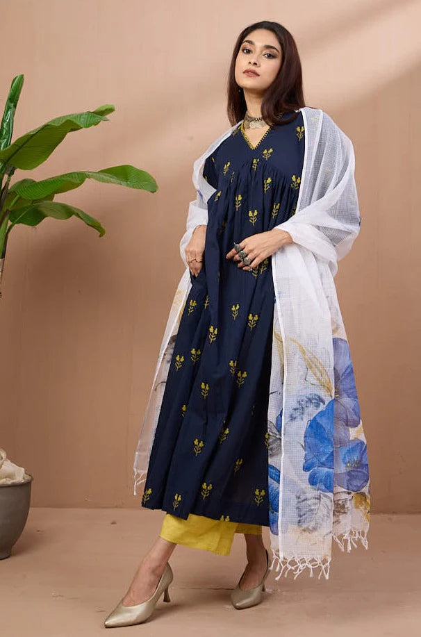 Hand Painted Kota Dupatta - Indigo Bluebells & Leaves