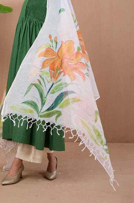 Hand Painted Kota Dupatta - Orange Kena & Leaves