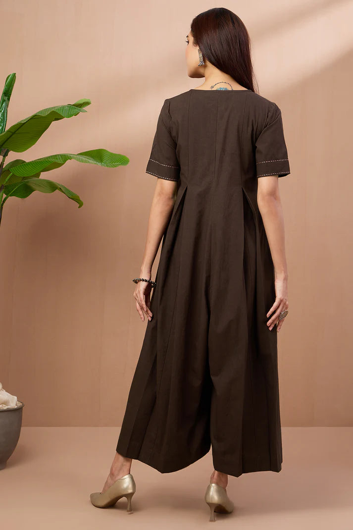 Cocoa Brown Cotton Jumpsuit With Pockets And Front Opening