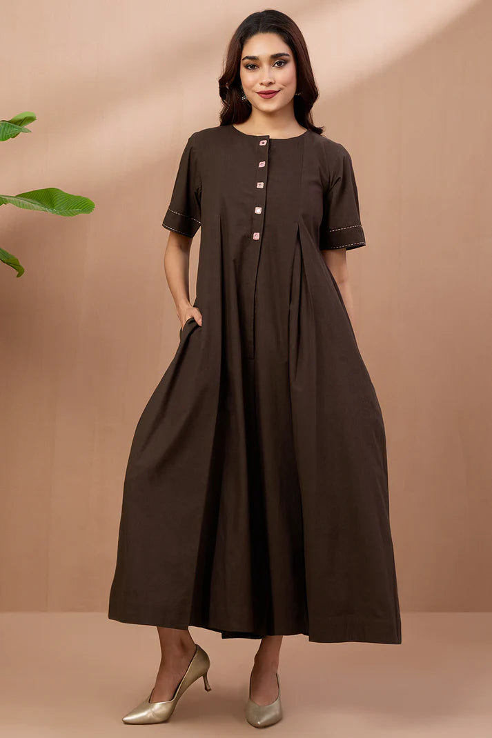 Cocoa Brown Cotton Jumpsuit With Pockets And Front Opening