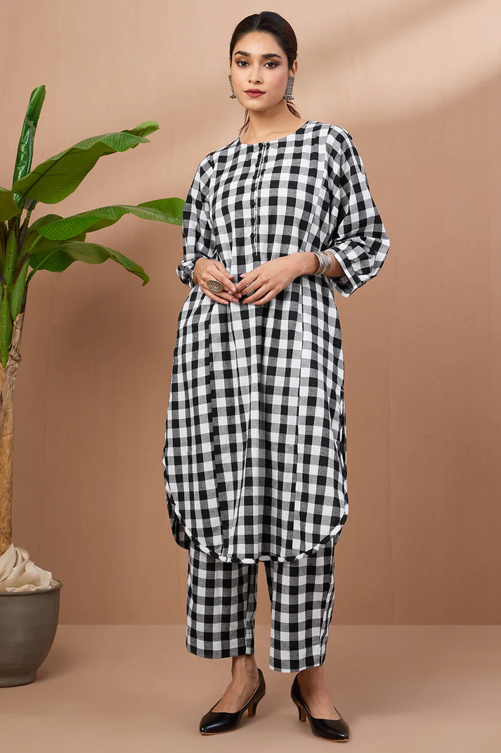 Gingham Mono Checks Cotton Co-Ord Set (Set Of 2)