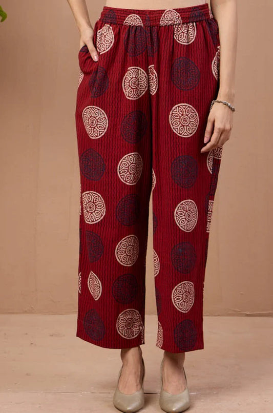 Comfort Fit Ankle Length Narrow Pants - Red Slub Cotton Printed Pants