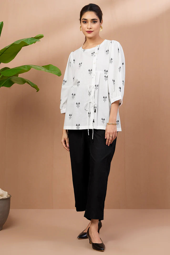 Monochrome Blooms Cotton Dori Detail Tunic