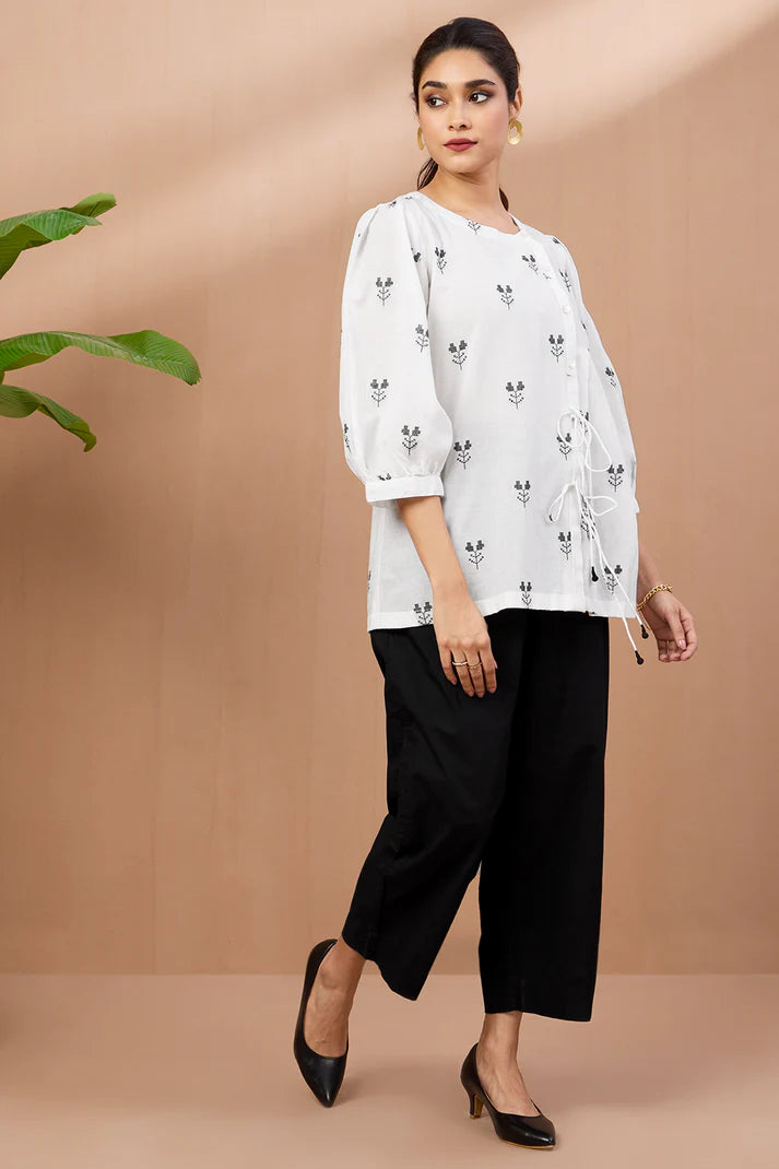 Monochrome Blooms Cotton Dori Detail Tunic