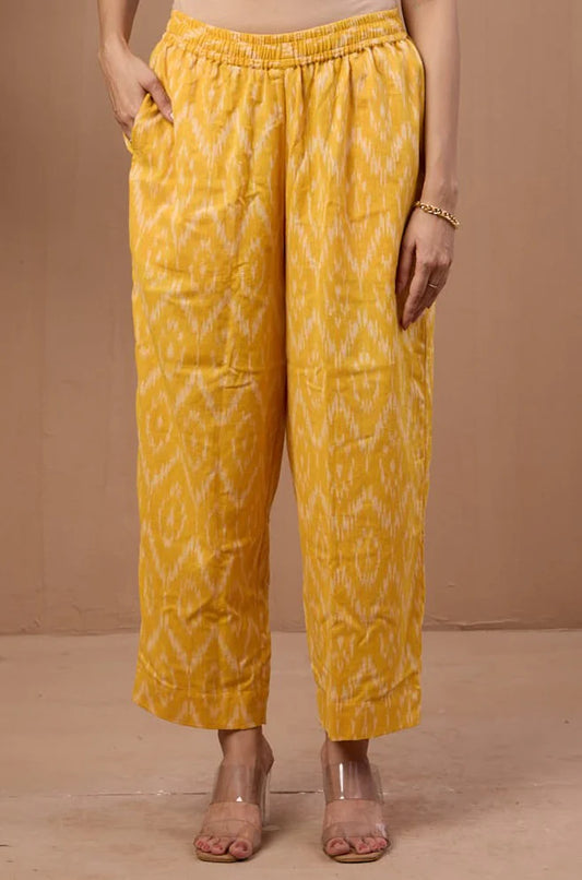 Comfort Fit Ankle Length Narrow Pants - Yellow Ikat Cotton Printed Pants