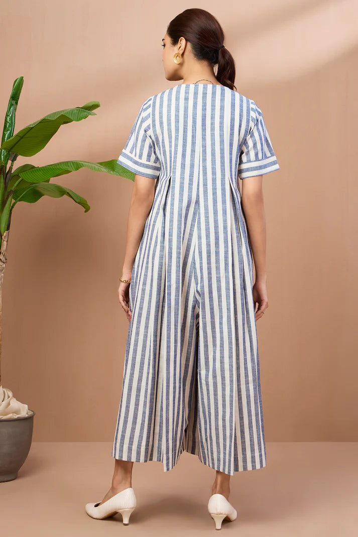 Powder Blue Stripes Cotton Jumpsuit With Pockets And Front Opening