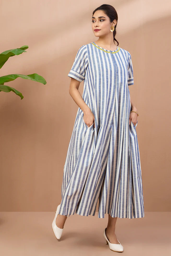 Powder Blue Stripes Cotton Jumpsuit With Pockets And Front Opening