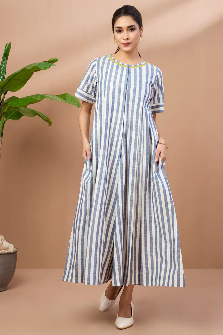 Powder Blue Stripes Cotton Jumpsuit With Pockets And Front Opening