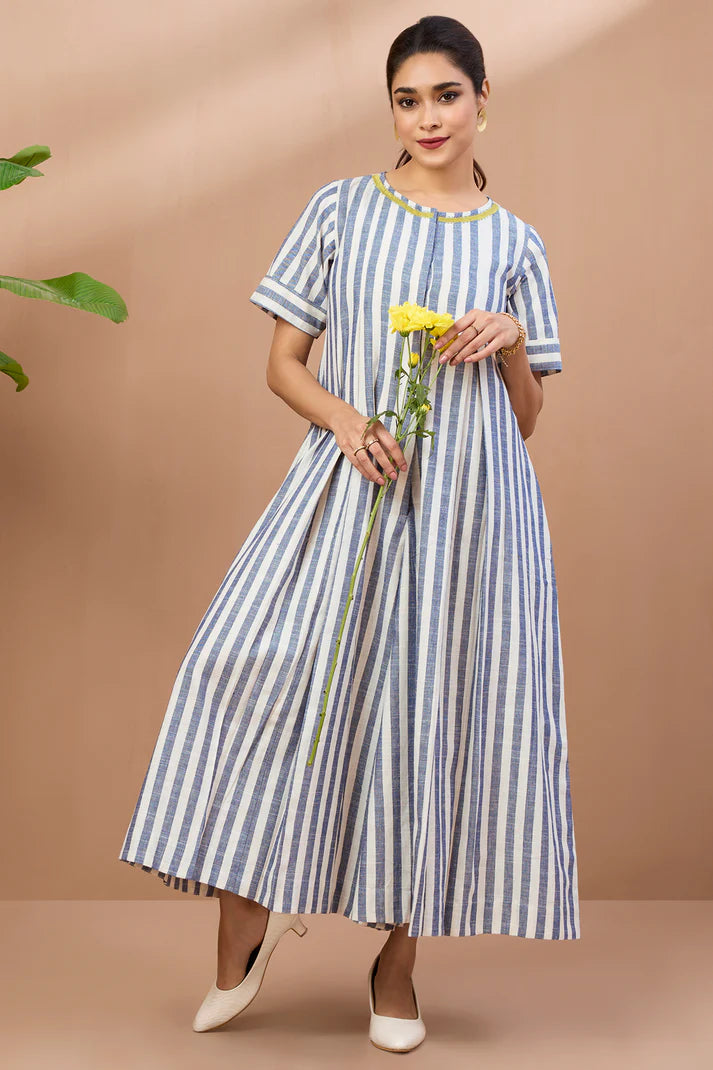 Powder Blue Stripes Cotton Jumpsuit With Pockets And Front Opening