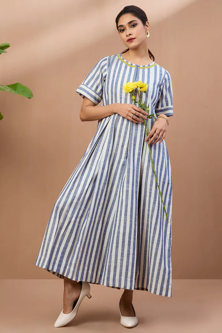 Powder Blue Stripes Cotton Jumpsuit With Pockets And Front Opening