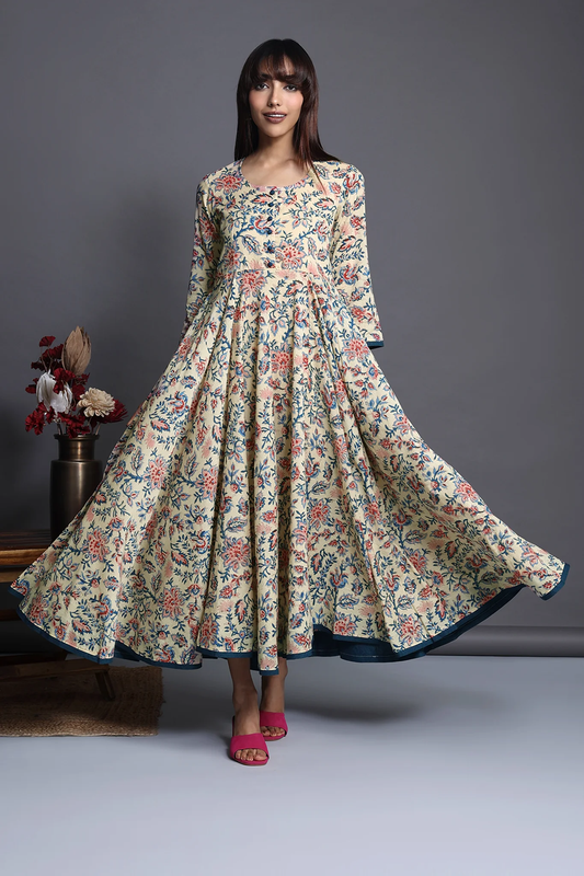 LONG SWIRL DRESS - BOTANICAL BEIGE & PETITE FLORAL [Mul Cotton]