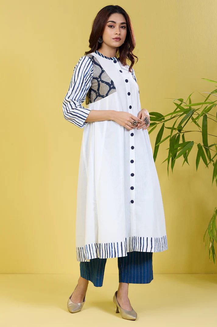 High Collar White Button Down Anarkali Pristine Arctic White