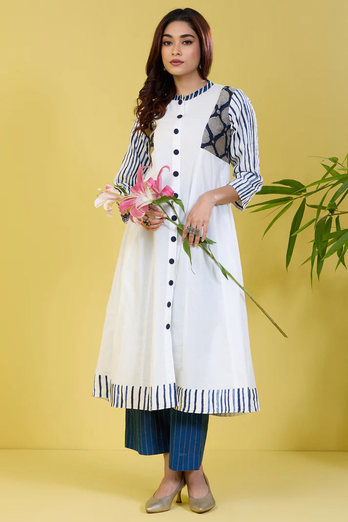 High Collar White Button Down Anarkali Pristine Arctic White