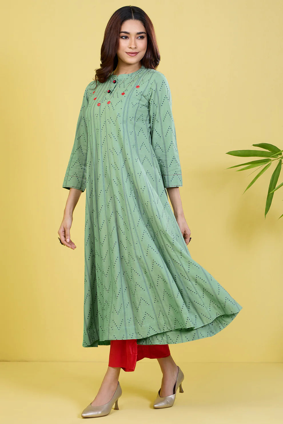 Stand Collar Pintuck Yoke Anarkali Minty Oasis