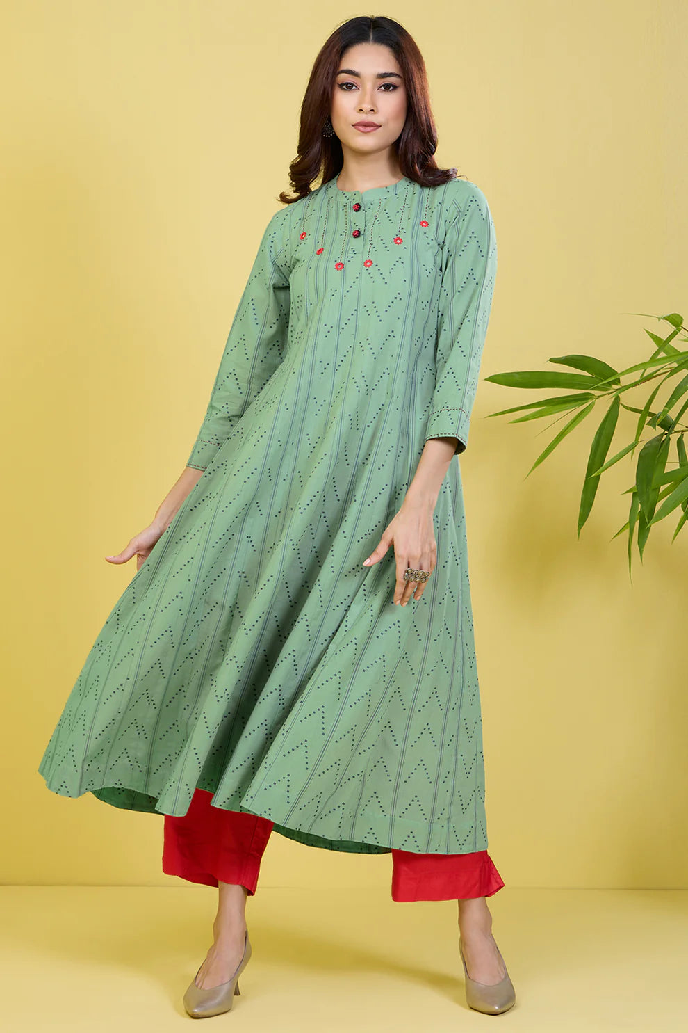 Stand Collar Pintuck Yoke Anarkali Minty Oasis