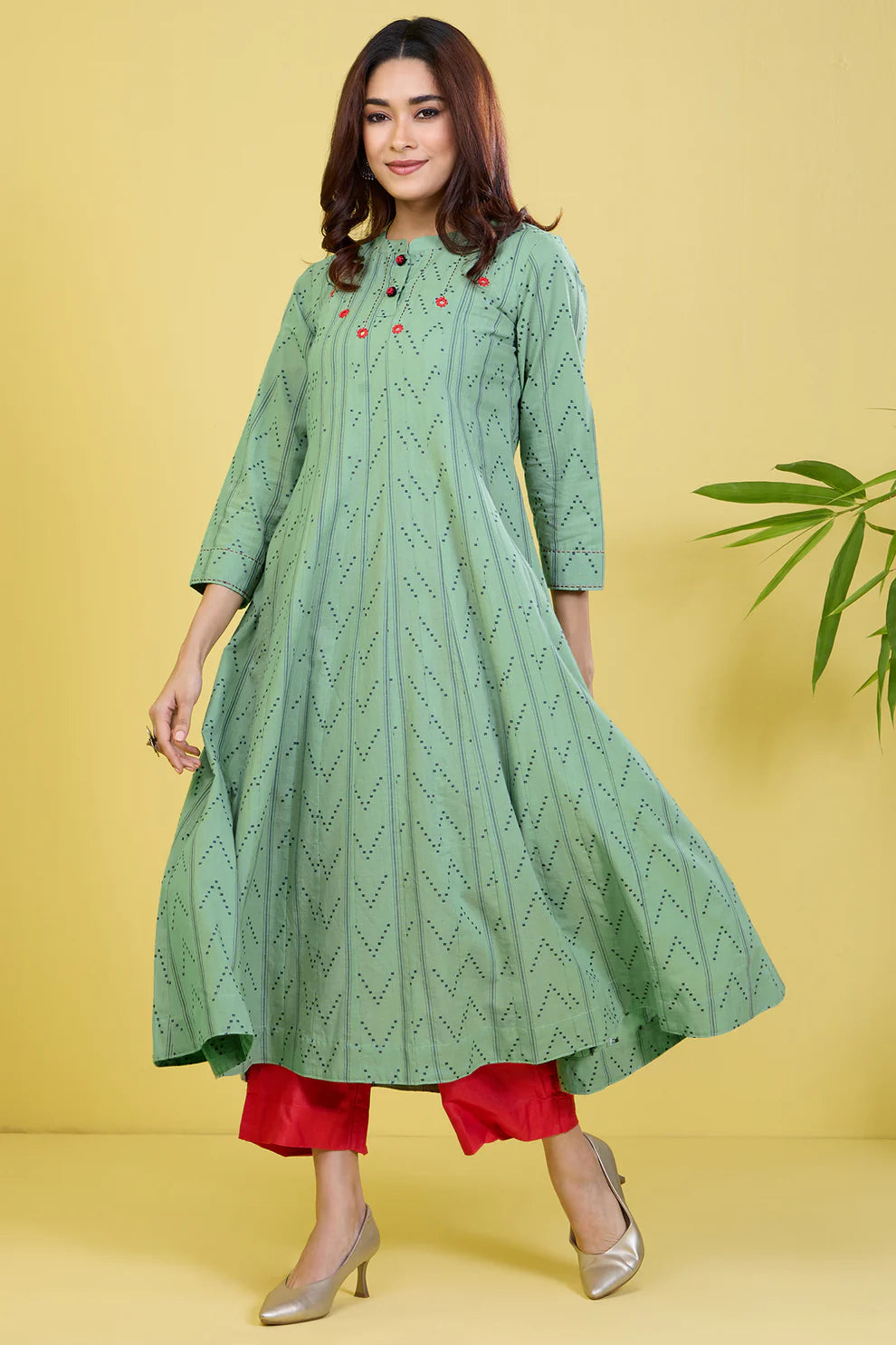 Stand Collar Pintuck Yoke Anarkali Minty Oasis