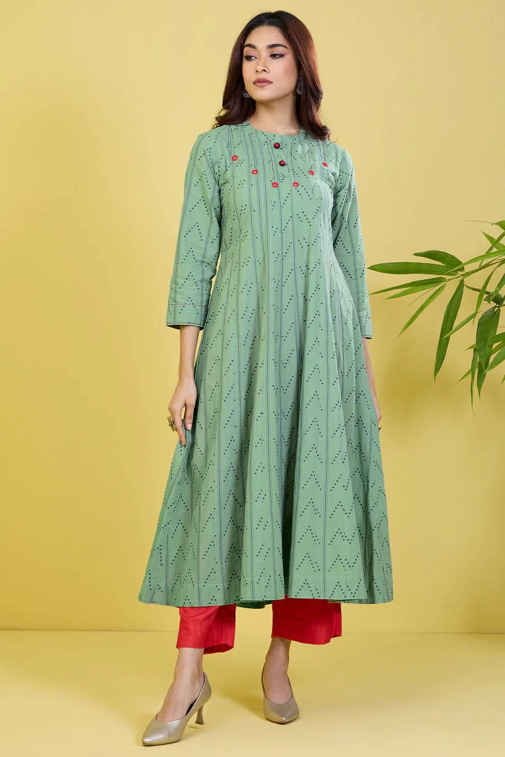 Stand Collar Pintuck Yoke Anarkali Minty Oasis