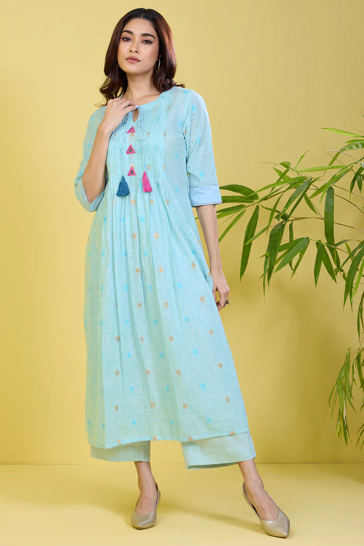 Co-Ord Set Pintuck Blue Long Kurta With Slit Icy Mirage