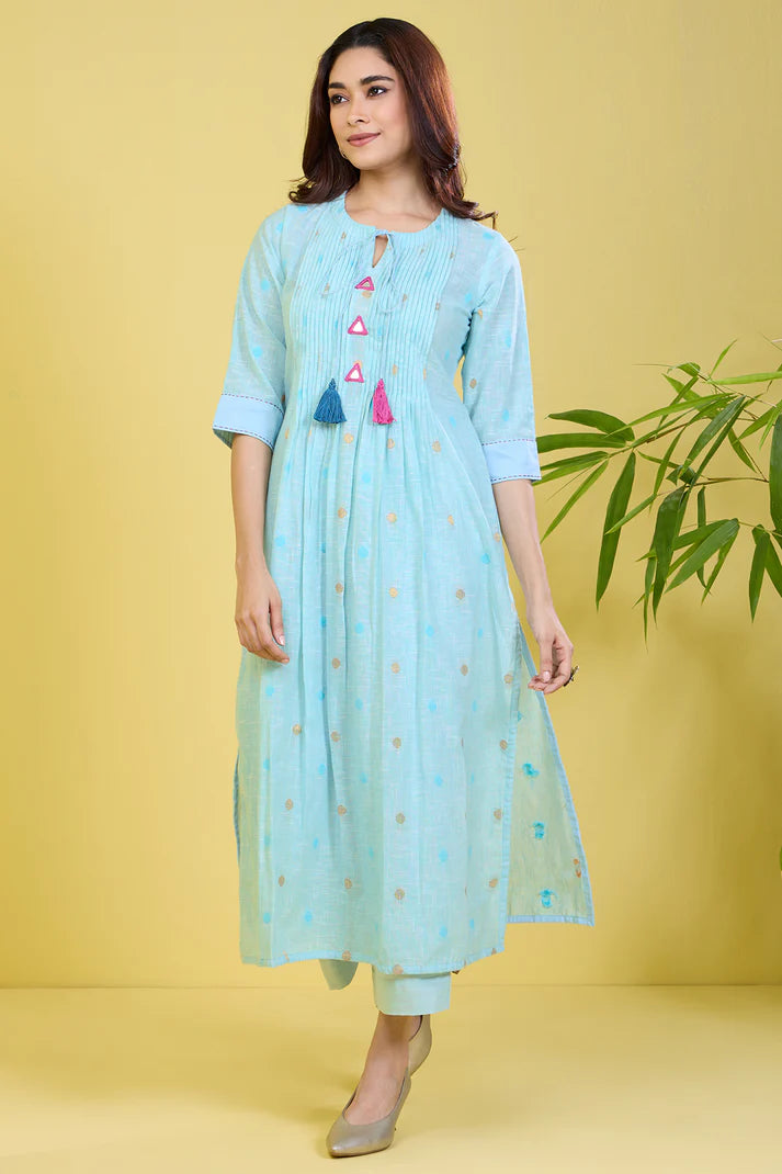 Co-Ord Set Pintuck Blue Long Kurta With Slit Icy Mirage