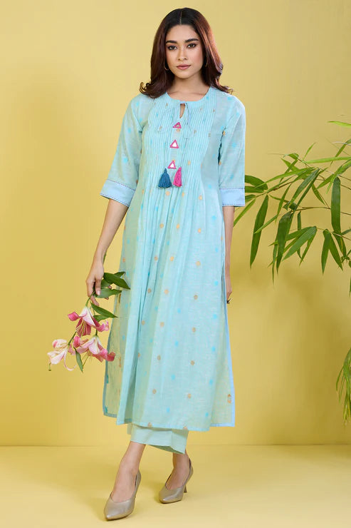 Co-Ord Set Pintuck Blue Long Kurta With Slit Icy Mirage