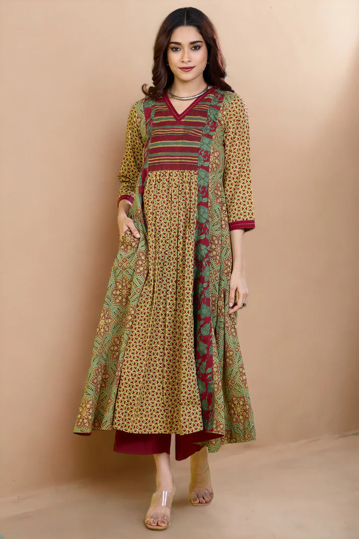 Viridian Roses Cotton V-Neck Panel Anarkali