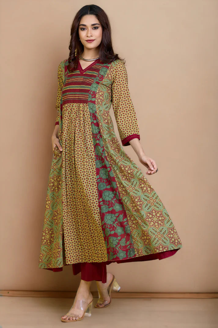 Viridian Roses Cotton V-Neck Panel Anarkali